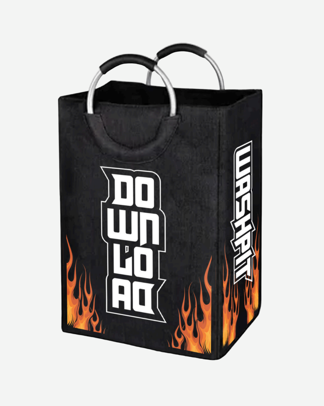 The Wash Pit Laundry Bag by Download 2026 features a black design with metal handles, orange flames at the bottom, bold white "DOWNLOAD" text on the front, and "WASHKIT" in vertical stylized letters on the side.
