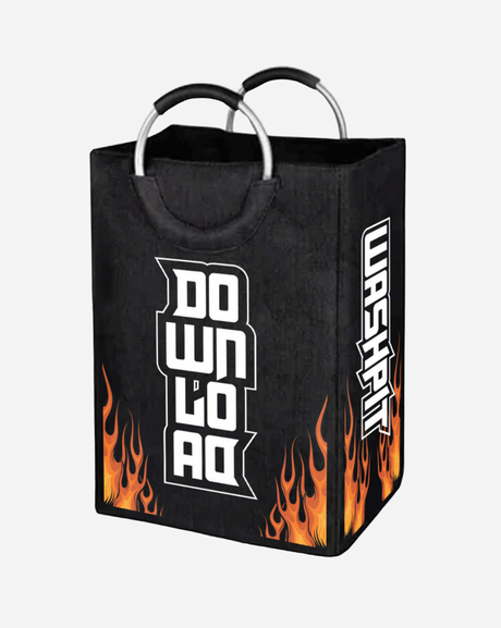 The Wash Pit Laundry Bag by Download 2026 features a black design with metal handles, orange flames at the bottom, bold white "DOWNLOAD" text on the front, and "WASHKIT" in vertical stylized letters on the side.
