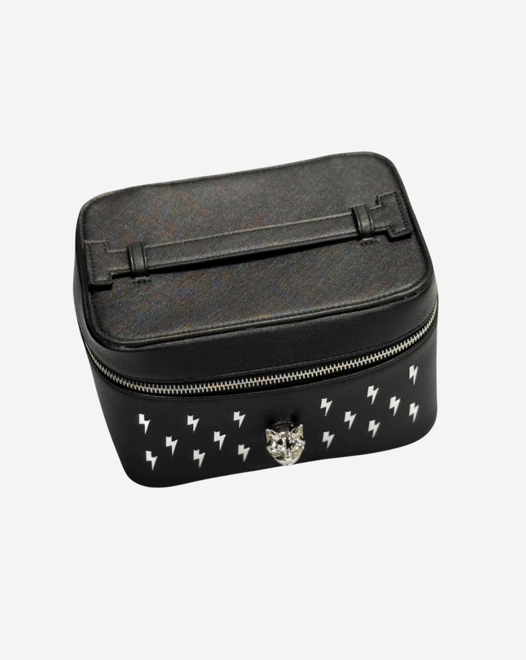 The Download 2026 Thunderbolt Make Up Bag is a black rectangular case with a zipper, top handle, small white lightning bolts on one side, and a metallic animal-shaped clasp on the front.