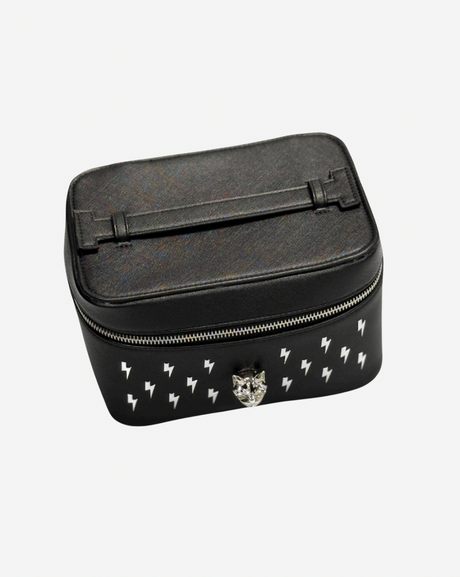 The Download 2026 Thunderbolt Make Up Bag is a black rectangular case with a zipper, top handle, small white lightning bolts on one side, and a metallic animal-shaped clasp on the front.
