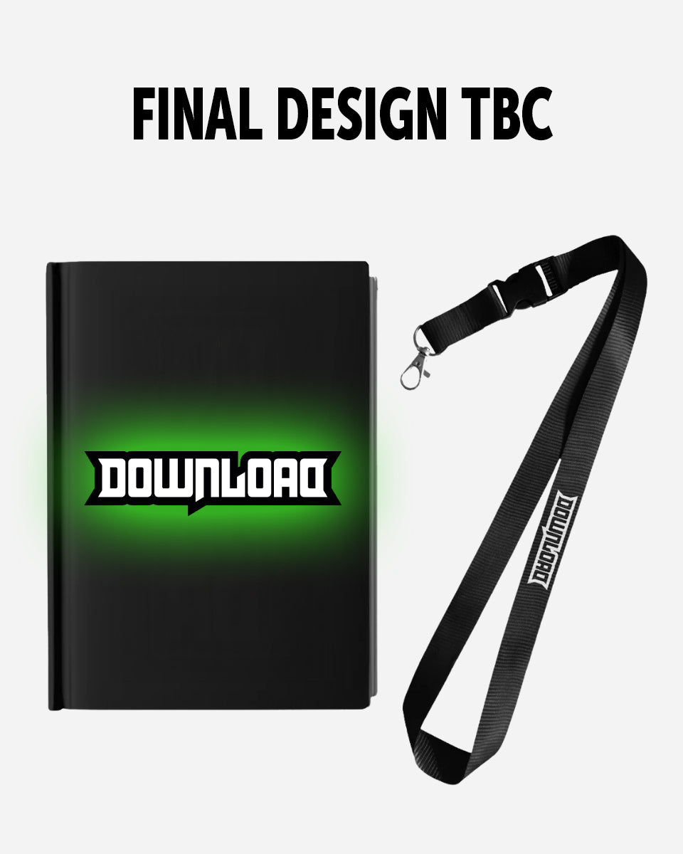 The PRE-ORDER 2027 Programme & Lanyard Pack from Download Festival Shop features a black book with a glowing green Download Festival 2027 logo, plus a black programme and lanyard. Shown on white; text above: “FINAL DESIGN TBC.”.