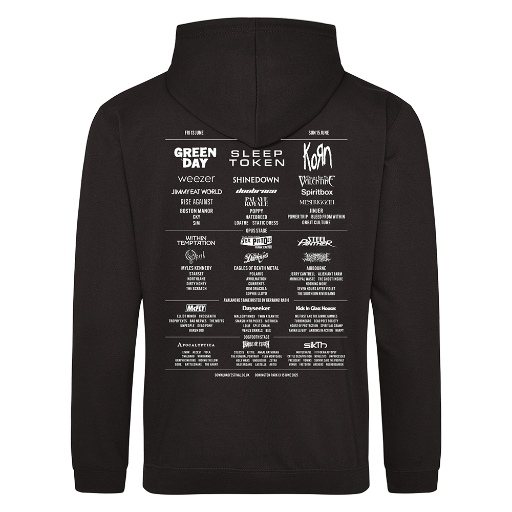 The Download Reaper 2025 Line-Up Hoodie from Download Festival Shop is a black unisex sweatshirt made of soft Ringspun Cotton, featuring various rock and metal band names in white on the back in unique fonts and sizes.