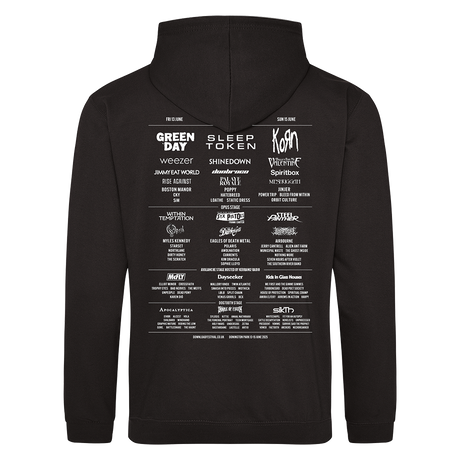The Download Reaper 2025 Line-Up Hoodie from Download Festival Shop is a black unisex sweatshirt made of soft Ringspun Cotton, featuring various rock and metal band names in white on the back in unique fonts and sizes.