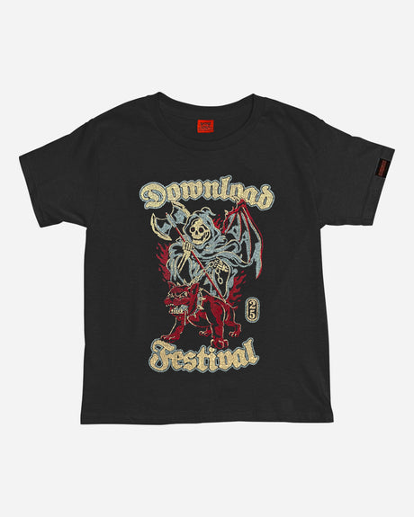 The 2025 Reaper T-Shirt is a black tee with a skeleton holding a raised scythe, red flames, and bold "Download Festival" lettering.