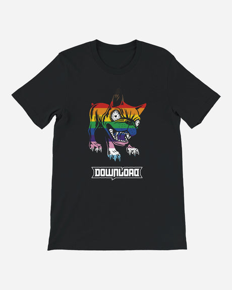 The Download Pride T-Shirt from Download Festival Shop features a black DTG print of a cartoon snarling dog with rainbow stripes and bulging eyes, with "DOWNLOAD" in white block letters beneath the image.