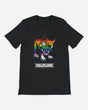 The Download Pride T-Shirt from Download Festival Shop features a black DTG print of a cartoon snarling dog with rainbow stripes and bulging eyes, with "DOWNLOAD" in white block letters beneath the image.