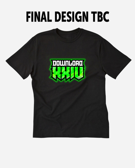 A black PRE-ORDER 2027 Line-Up T-Shirt from Download Festival Shop features bold neon green DOWNLOAD XXIV text and a striking graphic print on the front, capturing the spirit of the festival. Above the shirt, FINAL DESIGN TBC is written in black capital letters on a white background.
