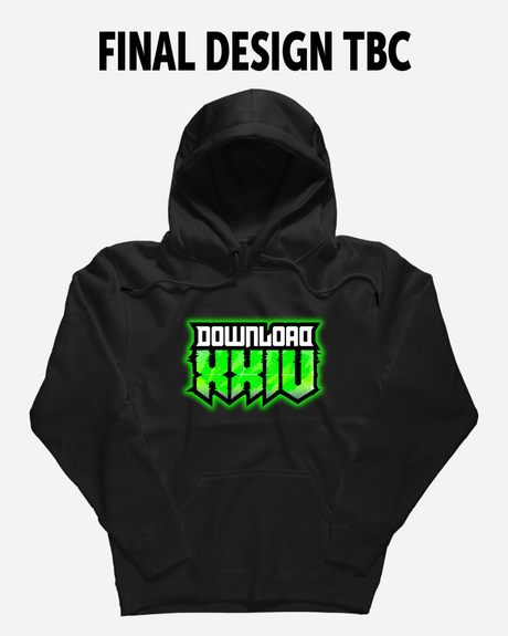 A black PRE-ORDER 2027 Line-Up Hoodie from Download Festival Shop, featuring a green and white DOWNLOAD XXIII logo on the chest. “FINAL DESIGN TBC” is boldly displayed above the hoodie, making this graphic print piece a distinctive addition to any collection.