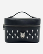 Black cosmetic bag with cat design and lightning bolts on a white background