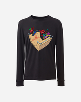 The Download 2026 Skate Ramp Long Sleeve features a black design with three playful red cartoon creatures skateboarding in a wooden half-pipe, holding a green spray can, and "MONSTER" tagged in red on the ramp.