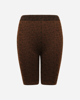 Download 2026 Animal Print Cycling Shorts are brown, knee-length, fitted shorts featuring a subtle black geometric pattern and an elastic waistband, shown against a plain white background with no visible pockets or embellishments.