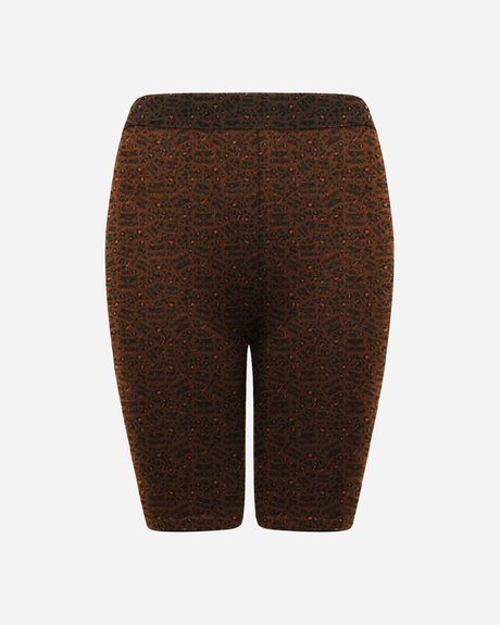 Download 2026 Animal Print Cycling Shorts are brown, knee-length, fitted shorts featuring a subtle black geometric pattern and an elastic waistband, shown against a plain white background with no visible pockets or embellishments.