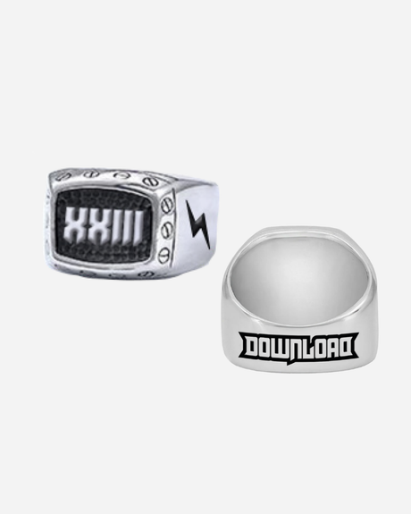 The Download XXIII Ring by Download 2026 features a silver band with Roman numerals XXIII and a lightning bolt, while another ring displays "DOWNLOAD" in bold black letters, both shown on a plain white background.