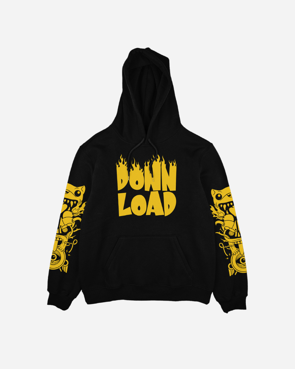 The Totem Oversized Hoody by Download 2026 features bold yellow DOWNLOAD text in a flame style on the front and yellow cartoon monster graphics with turntables on both sleeves. Shown on a plain white background.