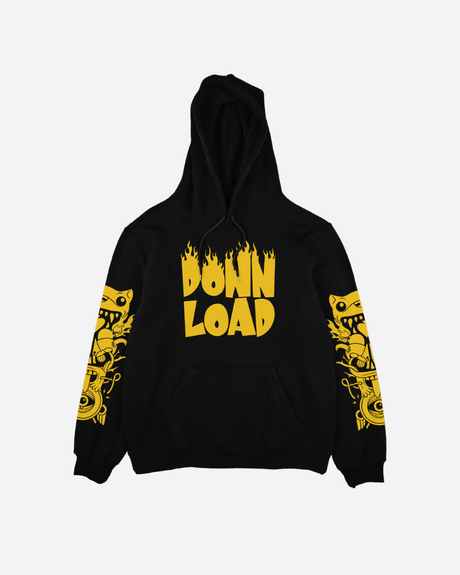The Totem Oversized Hoody by Download 2026 features bold yellow DOWNLOAD text in a flame style on the front and yellow cartoon monster graphics with turntables on both sleeves. Shown on a plain white background.