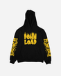 The Totem Oversized Hoody by Download 2026 features bold yellow DOWNLOAD text in a flame style on the front and yellow cartoon monster graphics with turntables on both sleeves. Shown on a plain white background.