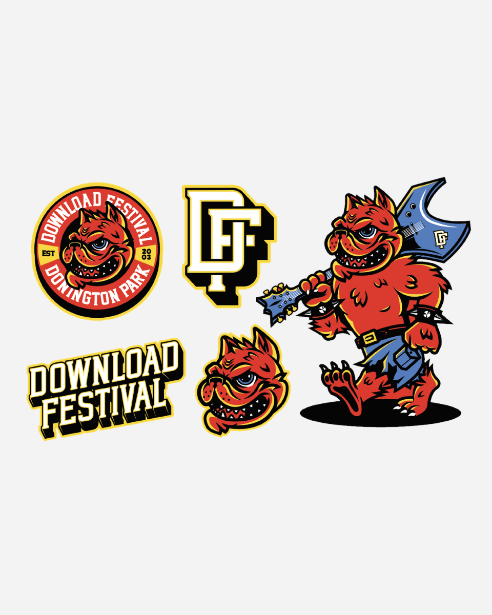 Download 2026 Mascot Vinyl Stickers: five designs including a red monster with an axe, “Download Festival” text, Donington Park badge, yellow DF monogram, and a snarling red monster’s face with a spiked collar.