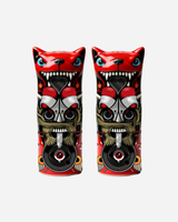 The Totem Salt and Pepper Shakers by Download 2026 feature two stylized cat figures with fierce expressions, sharp teeth, and detailed red, black, and gray tribal patterns on a white background.