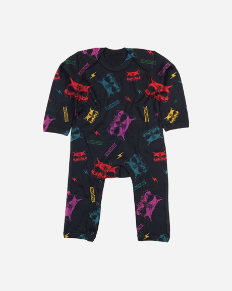 The Mini Mosher Baby Sleepsuit by Download 2026 is a long-sleeve, footless romper with a black base, decorated with colorful wolf faces and bold shapes. Snap buttons at the legs allow for easy fastening.