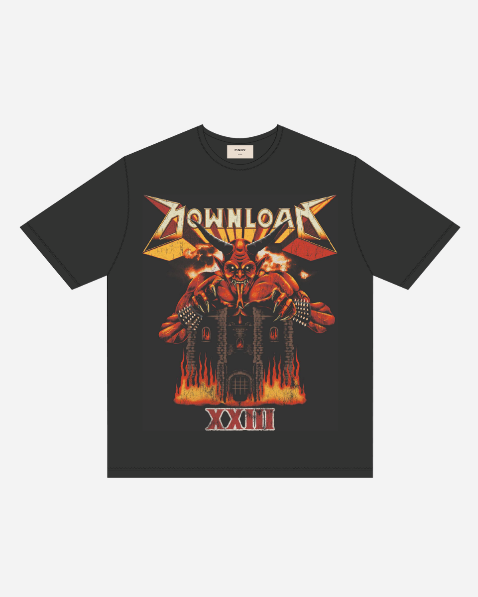The P&Co Line Up T Shirt 2026 by 2026 features a black design with a fiery demon-like figure above a castle, bold 'Download' lettering on top, and 'XXIII' in red Roman numerals at the bottom.