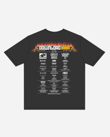 The P&Co Line Up T Shirt 2026 by 2026 features “Download 2018” in flaming text on the back above a list of bands like Guns N’ Roses, Ozzy Osbourne, and Avenged Sevenfold, styled to resemble a classic concert lineup poster.