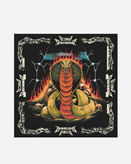 The P&Co Bandana by Download 2026 features a coiled cobra with open hood and fangs on a fiery, lightning-lit background, bordered by chains and “Download Beast” text; skulls accent the base of the snake.