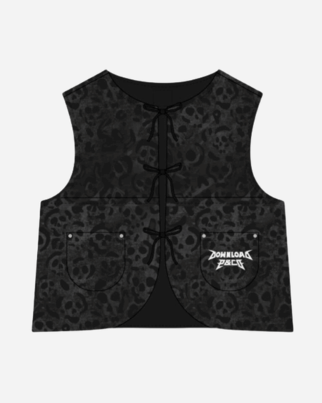 The P&Co Nomad Vest by Download 2026 features a black leopard print, two front pockets, lace-up ties, and a white “Download Beast” logo on the lower right pocket.