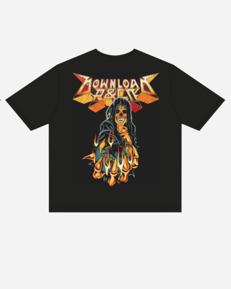 The P&Co Unisex Reaper Tee by 2026 features "Download Festival" in bold, fiery letters on the back, with a hooded skeleton engulfed in orange flames for a dramatic, rock-inspired look.