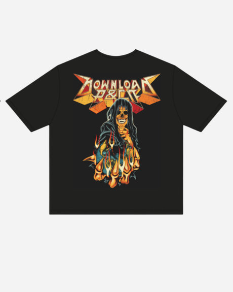 The P&Co Unisex Reaper Tee by 2026 features "Download Festival" in bold, fiery letters on the back, with a hooded skeleton engulfed in orange flames for a dramatic, rock-inspired look.