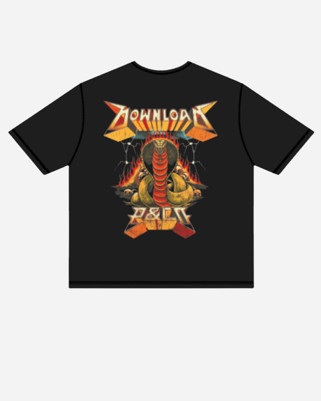 The P&Co Unisex Cobra Tee by Download 2026 is a black t-shirt featuring a vibrant coiled cobra graphic in front of flames, with "Download" above and "2024" below in bold, stylized fonts.