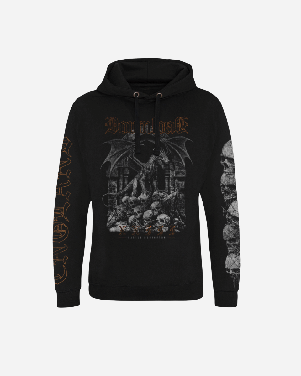 The Kids Donington Dragon Line Up Hoody by Download 2026 is a black hoodie with gothic dragon artwork above skulls on the front, plus detailed skeletal designs and bold orange gothic lettering on the sleeves.