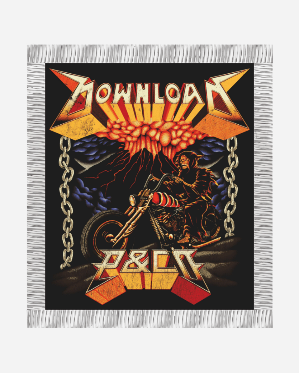 The P&Co Tapestry by Download 2026 showcases a bold skeleton on a motorcycle, with chains and a fiery volcanic backdrop. “DOWNLOAD” and “P&C” stand out in stylized letters, while the gray-fringed border completes the look.