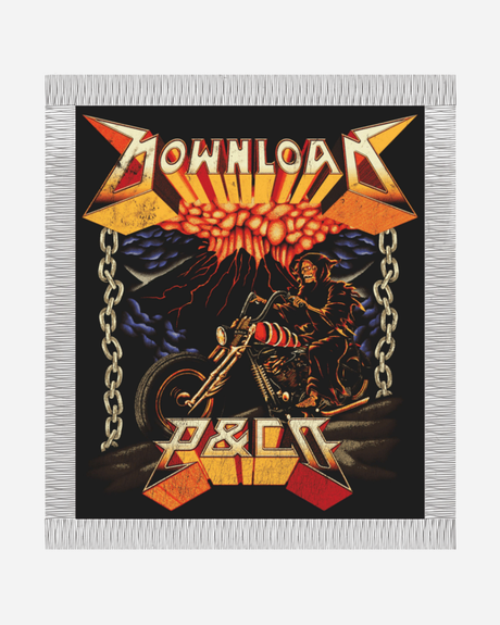 The P&Co Tapestry by Download 2026 showcases a bold skeleton on a motorcycle, with chains and a fiery volcanic backdrop. “DOWNLOAD” and “P&C” stand out in stylized letters, while the gray-fringed border completes the look.