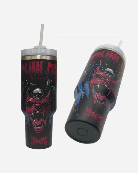 Two black tumblers with graphic designs and 'Devil May Cry' branding on a white background.