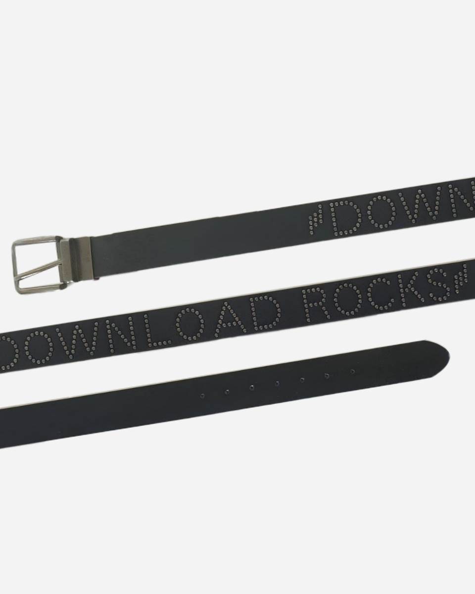 The Download Rocks Belt by Download 2026 is a black leather belt with silver studs spelling “DOWNLOAD ROCKS!” and a silver buckle, displayed from multiple angles.