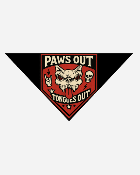 The Paws Out Dog Bandana by Download 2026 features a triangular shape with a snarling dog head, tongue out, "PAWS OUT TONGUES OUT" text, skull, stars, and a hand making the rock on gesture.