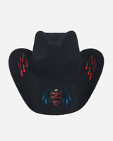The Download Cowboy Hat by Download 2026 is black with red lightning bolts on the sides and a red, winged bat embroidered on the front, displayed against a plain white background.