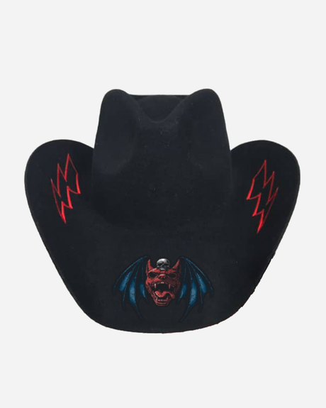 The Download Cowboy Hat by Download 2026 is black with red lightning bolts on the sides and a red, winged bat embroidered on the front, displayed against a plain white background.