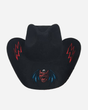The Download Cowboy Hat by Download 2026 is black with red lightning bolts on the sides and a red, winged bat embroidered on the front, displayed against a plain white background.