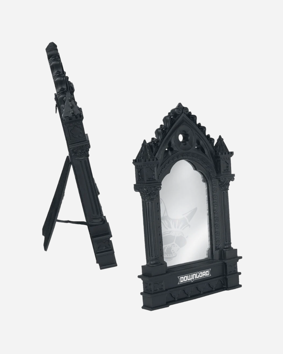 Two black Gothic Gargoyle Mirrors by Download 2026 feature ornate arch designs and pointed tops. One mirror faces front, the other shows a side view with its support stand. "DOWNLOAD" is displayed on the frame.