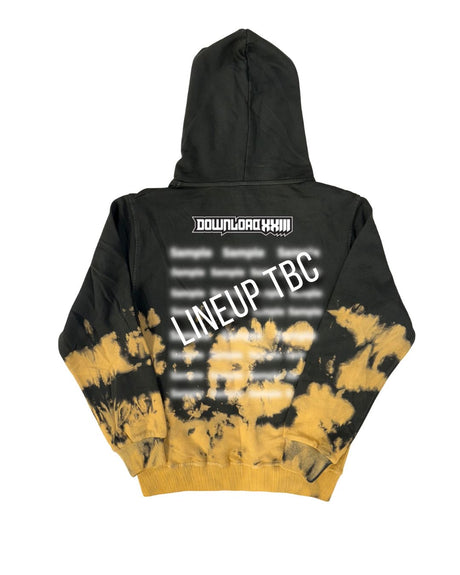 The PRE-ORDER 2026 Exclusive Tie Dye Line-Up Hoodie from Download Festival Shop is a black and yellow pullover with DOWNLOAD XXIII and blurred text on the back, LINEUP TBC in large white print on the front, a hood, plus ribbed cuffs and hem.