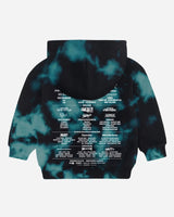 The Kids Tie Dye 2025 Event Hoodie by 2025 features a unique black and teal tie-dye pattern with multiple white printed event-style logos and text on the back. Shown laid flat with the back facing upward.