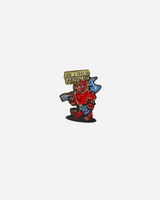 The Download 2026 Pin Badge features a red cartoon monster holding a blue guitar with a yellow "Download Festival" sign above its head, all set against a plain white background.