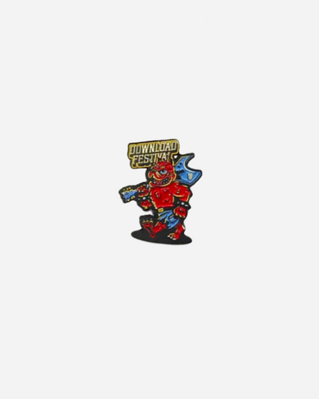 The Download 2026 Pin Badge features a red cartoon monster holding a blue guitar with a yellow "Download Festival" sign above its head, all set against a plain white background.