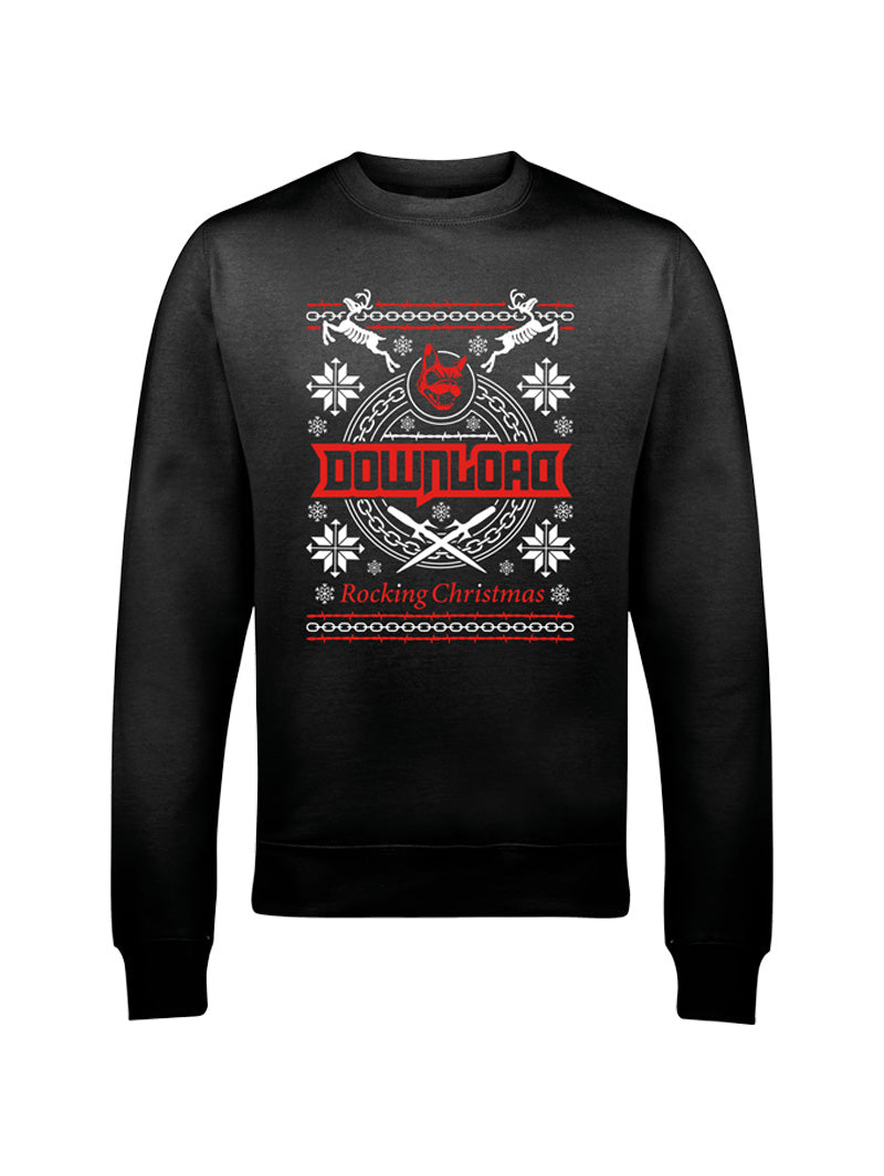 Download Festival’s Rocking Christmas Sweater is a black crew neck sweatshirt with a festive rock design—white snowflakes, red horns, and bold “DOWNLOAD” lettering, plus “Rocking Christmas Sweater” in red text on the front.