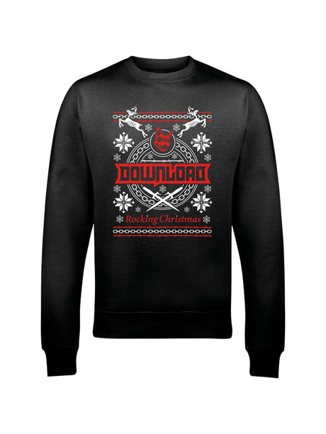 Download Festival’s Rocking Christmas Sweater is a black crew neck sweatshirt with a festive rock design—white snowflakes, red horns, and bold “DOWNLOAD” lettering, plus “Rocking Christmas Sweater” in red text on the front.